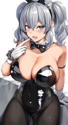  1girl arm_support belko blue_eyes breasts cleavage detached_collar eyebrows_hidden_by_hair gloves highres huge_breasts kantai_collection kashima_(kancolle) leotard long_hair looking_at_viewer open_mouth playboy_bunny scrunchie solo twintails white_gloves wrist_scrunchie  rating:Sensitive score:70 user:creck