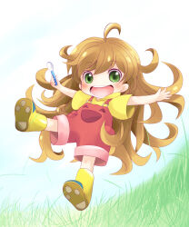  1girl amaama_to_inazuma blush boots brown_hair child eyelashes grass green_eyes highres holding holding_spoon inuzuka_tsumugi long_hair messy_hair open_mouth outstretched_arms overalls red_overalls rubber_boots shirt solo spoon teeth very_long_hair yellow_footwear yellow_shirt yume_shokunin 