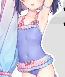  1girl arm_up armpits beach_umbrella black_hair blush casual_one-piece_swimsuit covered_erect_nipples covered_navel frilled_swimsuit frills head_out_of_frame highres loli minazuki_shigure nekopara official_art one-piece_swimsuit open_mouth purple_one-piece_swimsuit sayori_(neko_works) short_hair smile solo swimsuit thighs umbrella unfinished upper_body  rating:Questionable score:203 user:danbooru