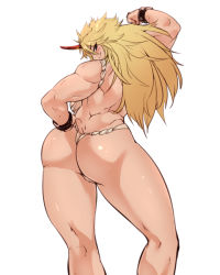  1girl ass back bad_id bad_pixiv_id blonde_hair blue_eyes butt_crack female_focus from_behind fundoshi horns hoshiguma_yuugi japanese_clothes kneepits long_hair looking_at_viewer looking_back muscular muscular_female oni sekiyu_(spartan) simple_background single_horn solo thick_thighs thighs touhou white_background wide_hips  rating:Questionable score:78 user:slayer1583