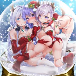 3girls absurdres ahoge alternate_costume animal_costume antlers ass azur_lane belfast_(azur_lane) bell blue_eyes blush braid breasts butt_crack capelet chain cleavage collar collarbone commentary_request detached_sleeves downpants embarrassed french_braid garter_belt garter_straps gloves hat highres horns illustrious_(azur_lane) large_breasts leash long_hair looking_at_viewer low_twintails maid_headdress multiple_girls one_side_up panties purple_eyes purple_hair red_gloves reindeer_costume santa_costume santa_hat sarujie_(broken_monky) smile snow_globe thighhighs translation_request twintails underwear unicorn_(azur_lane) white_hair white_legwear rating:Questionable score:32 user:danbooru