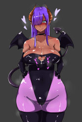  1girl bare_shoulders black_pantyhose blue_theme blush breasts choker cleavage cleavage_cutout clothing_cutout cum cum_on_body cum_on_breasts cum_on_upper_body dark-skinned_female dark_skin demon_girl emaaaaaaaaaason hair_over_one_eye heart heart_tail highres horns large_breasts long_hair mole original pantyhose pointy_ears purple_hair skindentation smile solo sweat tail thick_thighs thighhighs thighhighs_over_pantyhose thighs wide_hips wings 