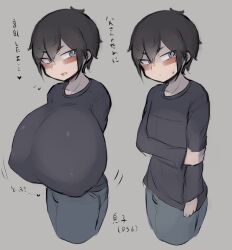  1boy black_shirt blue_eyes blush bouncing_breasts breasts brown_hair eyes_visible_through_hair gigantic_breasts highres long_sleeve_shirt male_with_breasts oppai_shota pants pittori puffy_areolae shirt simple_background solo standing translation_request 