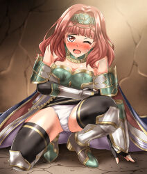  1girl absurdres arm_armor bare_shoulders black_gloves black_thighhighs breasts cape celica_(fire_emblem) celica_(fire_emblem)_(valentia&#039;s_hope) cleavage fingerless_gloves fire_emblem fire_emblem_echoes:_shadows_of_valentia fire_emblem_heroes gloves highres leg_armor looking_at_viewer medium_breasts medium_hair nintendo official_alternate_costume one_eye_closed open_mouth panties pantyshot pencil_skirt red_eyes red_hair skirt solo thighhighs underwear zanntetu 