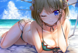 10s 1girl ;) adapted_costume aldehyde aqua_bikini bare_arms bare_legs bare_shoulders barefoot bikini blue_eyes blush breasts brown_hair cleavage cloud collarbone day eyebrows female_focus gradient_background hair_ornament hairclip hand_on_own_cheek hand_on_own_face headgear horizon kantai_collection large_breasts looking_at_viewer lying maya_(kancolle) maya_kai_ni_(kancolle) neck_ribbon ocean on_stomach one_eye_closed outdoors ribbon short_hair sky smile solo sweat swimsuit water rating:Questionable score:26 user:danbooru