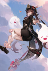 1girl ass barefoot black_shorts boo_tao_(genshin_impact) breasts brown_hair cameltoe chinese_clothes coattails feet floating from_below genshin_impact ghost hat hat_ornament hu_tao_(genshin_impact) le_(huanglongen) long_hair looking_at_viewer looking_down medium_breasts open_mouth red_eyes shoes shoes_removed short_shorts shorts sideboob single_shoe smile soles staff_of_homa_(genshin_impact) toes twintails very_long_hair weapon rating:Questionable score:44 user:armorcrystal