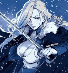  1girl amestris_military_uniform artist_name blonde_hair blue_eyes blue_jacket blue_theme breasts commentary english_commentary fullmetal_alchemist fur-trimmed_jacket fur_trim hair_over_one_eye holding holding_sword holding_weapon jacket large_breasts lips long_hair looking_at_viewer military_jacket miss_faves olivier_mira_armstrong open_clothes open_jacket outdoors snowing solo sword tank_top weapon white_tank_top 