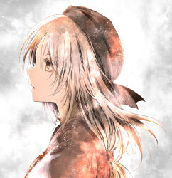  1girl absurdres brown_cloak brown_hat cloak commentary_request dark_souls_(series) dark_souls_iii floating_hair from_side hat highres long_hair looking_ahead low_ponytail open_mouth orange_eyes painting_woman_(dark_souls) profile shimoda_masaya solo upper_body white_background white_hair 