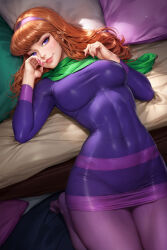  1girl breasts commentary daphne_ann_blake dress english_commentary green_scarf hairband highres lips long_hair mixed-language_commentary neoartcore orange_hair paid_reward_available pantyhose parted_lips patreon_username pillow pink_nails purple_dress purple_eyes purple_hairband purple_pantyhose scarf scooby-doo short_dress solo taut_clothes taut_dress thai_commentary tight_clothes tight_dress toes 