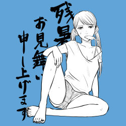  1girl blue_background breasts cleavage eating food full_body knee_up long_hair looking_at_viewer monochrome mouth_hold nail_polish nakahara_roku original popsicle shirt short_short simple_background sleeveless sleeveless_shirt small_breasts spread_legs sweat twintails 