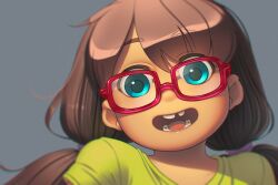  1girl alkemanubis blue_eyes brown_hair cavity child glasses highres missing_tooth original portrait shirt smile solo t-shirt teeth twintails  rating:General score:18 user:czchov_smirnoff