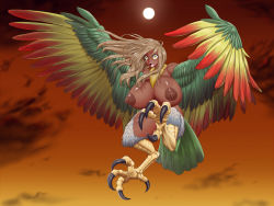  1girl ahegao8 breasts feathers flight green_eyes harpy highres huge_breasts monster_girl odhiumfree open_mouth talons thick_thighs thighs wings  rating:Explicit score:22 user:aelphais
