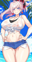  1girl absurdres alternate_costume asymmetrical_hair beach blue_eyes breasts cleavage cowboy_shot earrings fate/grand_order fate_(series) hair_ornament highres jewelry large_breasts long_hair looking_at_viewer midriff miyamoto_musashi_(fate) navel nez-box pink_hair ponytail see-through shirt short_shorts shorts sideboob sideless_shirt smile solo standing stomach tank_top tied_shirt wet wet_clothes white_tank_top 