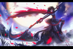  10s 1girl 2013 beowolf black_hair boots cape cloud cross dated full_moon grimm_(rwby) inoi letterboxed moon night pantyhose petals ruby_rose rwby scythe short_hair signature skirt solo star_(sky) weapon 
