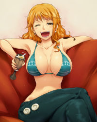 armpits bikini_top_only breasts brown_eyes couch drink earrings hairu jewelry large_breasts long_hair nami one_piece open_mouth orange_hair smile solo wink rating:Sensitive score:168 user:Ynyswydryn