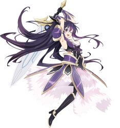 1girl armor armored_dress arms_up date_a_live dress full_body holding holding_weapon long_hair official_art one_eye_closed open_mouth purple_dress purple_eyes purple_hair smile solo sword tachi-e transparent_background weapon yatogami_tooka 