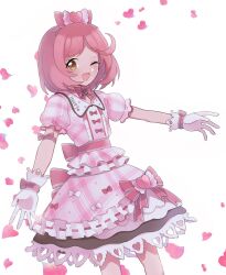  1girl ;d ayase_naru bad_id bad_twitter_id bow brown_eyes collared_dress commentary_request cowboy_shot dress frilled_dress frills gloves highres inactive_account looking_at_viewer one_eye_closed open_mouth pink_bow pink_dress pink_hair pretty_rhythm pretty_rhythm_rainbow_live pretty_series puffy_short_sleeves puffy_sleeves shiyurinpu short_hair short_sleeves smile solo standing white_background white_gloves 