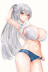 1girl absurdres arm_up armpits blue_buruma blush bra breasts buruma buruma_pull cleavage clothes_lift clothes_pull cloud gym_uniform hand_on_own_head highres large_breasts lillly long_hair looking_at_viewer mole mole_on_stomach mouth_hold navel original red_eyes shirt_lift simple_background solo sweat underwear white_background white_bra white_hair rating:Sensitive score:69 user:danbooru