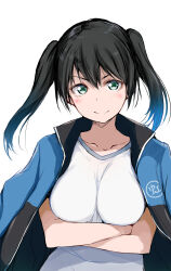  1girl arms_under_breasts black_hair blue_hair blue_jacket breasts closed_mouth crossed_arms gengoroh gradient_hair green_eyes hashtag-only_commentary highres jacket jacket_on_shoulders looking_at_viewer love_live! love_live!_nijigasaki_high_school_idol_club medium_breasts multicolored_hair shirt simple_background smile solo split_mouth takasaki_yu track_jacket twintails upper_body white_background white_shirt 