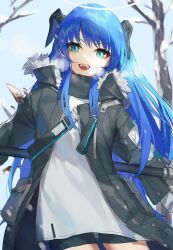  1girl :d absurdres arknights bare_tree black_jacket black_shorts blue_eyes blue_hair blush brown_wings commentary_request detached_wings fur-trimmed_jacket fur_trim halo highres horns jacket long_hair long_sleeves looking_at_viewer mini_wings mostima_(arknights) open_clothes open_jacket open_mouth shirt shorts smile snow solo tree very_long_hair white_shirt wings yamijam 