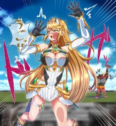  1girl against_fourth_wall against_glass bare_shoulders blonde_hair blush breast_press breasts cheek_squash circlet creatures_(company) detached_sleeves dress faceplant forehead_protector game_freak gameplay_mechanics gen_7_pokemon gloves highres incineroar large_breasts long_hair mythra_(xenoblade) nintendo open_mouth pokemon samu_poteto short_dress super_smash_bros. tears thigh_strap translation_request very_long_hair xenoblade_chronicles_(series) xenoblade_chronicles_2  rating:Sensitive score:8 user:armorcrystal