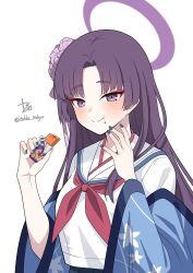  1girl :t blue_archive blush breasts commentary_request eating eyeshadow fingernails flower food hair_flower hair_ornament halo haori highres japanese_clothes long_hair looking_at_viewer makeup medium_breasts nail_polish neckerchief purple_eyes purple_hair red_eyeshadow red_neckerchief school_uniform serafuku signature simple_background smile solo straight_hair tohka_10days twitter_username umaibou very_long_hair white_background yukari_(blue_archive) 