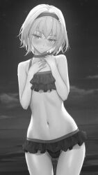 1girl absurdres breasts embarrassed exhibitionism frills hair_ornament hairclip highres monochrome ocean public_indecency ryuuou_no_oshigoto! small_breasts solo sora_ginko swimsuit vivid507  rating:Sensitive score:20 user:danbooru