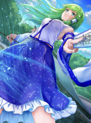  1girl absurdres armpit_peek bare_shoulders blue_skirt blue_sky blurry blurry_background blush breasts commentary_request cowboy_shot day detached_sleeves dutch_angle frilled_skirt frills frog_hair_ornament from_below gohei green_eyes green_hair hair_ornament highres holding holding_gohei holding_ofuda kochiya_sanae long_hair long_sleeves looking_at_viewer medium_breasts midriff_peek navel nontraditional_miko outdoors remitei03 shirt single_hair_tube skirt sky sleeveless sleeveless_shirt snake_hair_ornament solo tearing_up touhou white_shirt wide_sleeves 