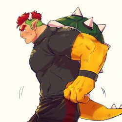  1boy bara black_pants black_shirt bowser cowboy_shot demon_horns fang fang_out green_hair grey_background highres horns light_blush male_focus mario_(series) motion_lines multicolored_hair muscular muscular_male nintendo pants parted_lips pectorals personification red_hair shirt simple_background solo spiked_shell spiked_tail sweatdrop tail turtle_shell two-tone_hair undercut yowasabimechaoc 