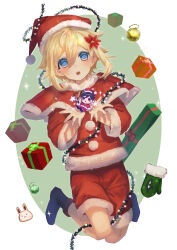  2boys absurdres alternate_costume antenna_hair basil_(faraway)_(omori) basil_(omori) black_footwear blonde_hair blue_eyes blush capelet chocolate_rabbit christmas christmas_ornaments christmas_present colored_eyelashes floating flower forest_rabbit_(omori) full_body fur-trimmed_capelet fur-trimmed_headwear fur-trimmed_shirt fur-trimmed_shorts fur_trim gift green_background green_mittens hair_behind_ear hair_between_eyes hair_flaps hair_flower hair_ornament hands_up hat highres holding knees_together_feet_apart knife looking_at_viewer medium_hair mittens multicolored_background multiple_boys omori open_mouth outstretched_hand plant pom_pom_(clothes) red_capelet red_flower red_hat red_shirt red_shorts santa_hat shirt short_hair shorts sidelocks simple_background sleeves_past_elbows solo_focus something_(omori) sparkle su_7_meri sunny_(omori) teeth two-tone_background unworn_mittens upper_teeth_only vines white_background white_pom_poms 