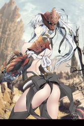  1girl ass blue_eyes breasts cowboy_shot female_focus kizuki_aruchu large_breasts looking_at_viewer mask monster_hunter monster_hunter:_world monster_hunter_(series) nipples odogaron_(armor) parted_lips ponytail puffy_nipples solo standing 