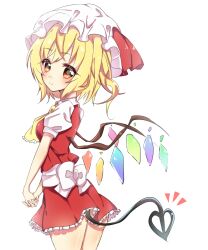  1girl ascot back_bow blonde_hair bow breasts check_commentary commentary_request cowboy_shot flandre_scarlet frilled_ascot frilled_skirt frills from_side hat highres interlocked_fingers laevatein_(tail) light_smile looking_at_viewer looking_to_the_side medium_hair mob_cap multicolored_wings noah_(4594586) one_side_up orange_eyes own_hands_together red_skirt red_vest shirt simple_background skirt small_breasts solo tail touhou vest white_background white_bow white_hat white_shirt wings yellow_ascot 