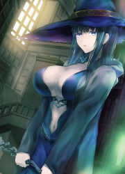 1girl blue_eyes breasts cleavage cloak collarbone fura green_hair hat highres holding holding_staff large_breasts long_hair long_sleeves looking_at_viewer open_cloak open_clothes original parted_lips sidelocks solo staff underboob upper_body witch_hat 