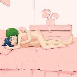  1boy 1girl absurdres ass barefoot blue_hair brown_hair child_on_child erection feet flat_chest girl_on_top green_hair happy_sex hetero highres loli long_green_hair lying nude on_bed original penis pink_background pussy rorian sex shota soles toes vaginal xienoan 