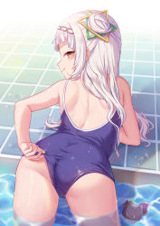  1girl adjusting_clothes adjusting_swimsuit ass back bare_arms bare_shoulders blue_one-piece_swimsuit blunt_bangs blush brown_eyes closed_mouth competition_school_swimsuit from_behind hair_bun hexagram_hair_ornament highres hololive long_hair looking_at_viewer looking_back milkshakework murasaki_shion naughty_face one-piece_swimsuit pool profile revision school_swimsuit side_bun sidelocks single_hair_bun single_side_bun smile solo swimsuit tile_floor tiles very_long_hair virtual_youtuber wading water wet white_hair yellow_eyes  rating:Sensitive score:244 user:danbooru