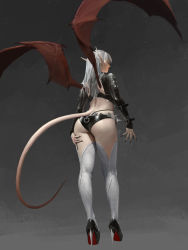  1girl absurdres ass back bangku_an black_footwear black_jacket black_nails black_shorts commentary dark_background demon_girl demon_tail demon_wings from_behind full_body hand_on_thigh high_heels highres jacket long_hair long_sleeves looking_to_the_side micro_shorts nail_polish original pointy_ears shorts solo standing tail thighhighs white_hair white_thighhighs wings  rating:Sensitive score:20 user:danbooru