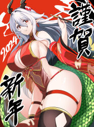  1girl 2024 black_horns black_thighhighs breasts china_dress chinese_clothes chinese_zodiac cleavage commentary_request covered_navel detached_sleeves dragon_horns dragon_tail dress earrings female_focus hair_between_eyes highres hinata_sora holding holding_smoking_pipe horns jewelry kiseru large_breasts long_hair looking_at_viewer nail_polish new_year original pointy_ears red_background red_dress red_eyes red_nails red_sleeves revealing_clothes skindentation smile smoking_pipe solo standing tail thick_thighs thigh_strap thighhighs thighs white_hair wide_sleeves year_of_the_dragon 