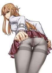10s 1girl annoyed argyle argyle_clothes argyle_skirt ass asuna_(sao) breasts brown_eyes brown_hair cowboy_shot from_behind from_below grey_pantyhose half_updo iya_na_kao_sare_nagara_opantsu_misete_moraitai leaning_forward long_hair looking_at_viewer looking_back panties panties_under_pantyhose pantyhose plaid pleated_skirt school_uniform shaded_face simple_background skirt skirt_tug solo standing streamingsun sword_art_online thighband_pantyhose thighs underwear white_background rating:Questionable score:92 user:armorcrystal