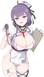  1girl :d absurdres between_breasts breasts cleavage commentary_request dress enya_murphy gloves hair_ornament hat highres holding large_breasts looking_at_viewer nurse nurse_cap open_mouth panties purple_eyes purple_hair sato_art short_sleeves simple_background smile snowbreak:_containment_zone solo standing stethoscope thighhighs underwear white_background white_dress white_gloves white_hat white_panties white_thighhighs 