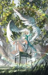  1girl absurdres ankle_cuffs barefoot chair crown floating floating_object gawako grass highres horns original ruins sitting wings wrist_cuffs 