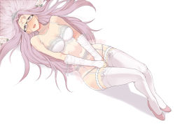 1girl blush bra breasts bridal_gauntlets bridal_veil bustier cleavage commentary covering_privates covering_crotch elbow_gloves facial_mark fate/stay_night fate_(series) female_focus flower forehead_mark from_above garter_belt glasses gloves jewelry lingerie long_hair looking_at_viewer lying matching_hair/eyes medusa_(fate) medusa_(rider)_(fate) mo_(kireinamo) navel necklace open_mouth panties panties_over_garter_belt pearl_necklace purple_eyes purple_footwear purple_hair rose smile solo thigh_strap thighhighs tiara underwear underwear_only veil white_bra white_flower white_gloves white_panties white_rose white_thighhighs wide_hips rating:Sensitive score:108 user:danbooru