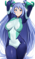  1girl :o arms_behind_head arms_up blue_bodysuit blue_eyes blue_hair blush bodysuit boku_no_hero_academia breasts covered_collarbone covered_erect_nipples covered_navel cowboy_shot curvy fuooooo gauntlets hadou_nejire highres impossible_bodysuit impossible_clothes large_breasts long_hair looking_at_viewer open_mouth simple_background skin_tight solo thick_thighs thighs very_long_hair white_background wide_hips  rating:Questionable score:51 user:danbooru