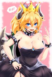  1girl armlet bare_shoulders black_dress blonde_hair blue_eyes blush bowsette bracelet breasts cleavage collar collarbone commentary_request crown dress earrings eyebrows garter_straps highres horns index_finger_raised iseno_yajin jewelry large_breasts looking_at_viewer mario_(series) new_super_mario_bros._u_deluxe nintendo open_mouth pink_background pointy_ears sharp_teeth simple_background slit_pupils solo spiked_armlet spiked_bracelet spiked_collar spikes spoken_blush super_crown tail teeth 