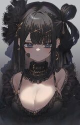  1girl absurdres bandaid bandaid_on_face bare_shoulders black_dress black_eyes black_hair blush breasts cleavage closed_mouth crescent crescent_earrings detached_collar dress ear_piercing earrings frills grey_background hair_ornament hair_rings hairclip highres jewelry kanase_(mcbrwn18) large_breasts long_hair looking_at_viewer original piercing purple_eyes simple_background solo upper_body x_hair_ornament 