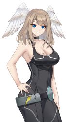  1girl absurdres belt black_bodysuit black_choker blue_eyes bodysuit breast_tattoo breasts brown_hair choker cleavage covered_navel crimecrime eunie_(xenoblade) feathered_wings grin head_wings highres large_breasts looking_at_viewer simple_background smile solo tattoo white_background white_wings wings xenoblade_chronicles_(series) xenoblade_chronicles_3  rating:Sensitive score:12 user:danbooru