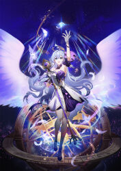  1girl :d aqua_eyes arm_up armpits artist_name asymmetrical_gloves bead_bracelet beads bracelet detached_sleeves dress falling_feathers feathers floating_hair full_body gloves head_wings high_heels highres holding honkai:_star_rail honkai_(series) jewelry long_hair looking_at_viewer open_mouth purple_dress purple_hair robin_(honkai:_star_rail) sakon04 short_sleeves smile solo standing teeth two-tone_dress uneven_gloves upper_teeth_only white_dress white_gloves white_wings wings 