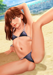  1girl bikini brown_hair female_focus flat_chest gluteal_fold green_eyes loli long_hair looking_at_viewer navel nefrubi outdoors solo spread_legs swimsuit tagme  rating:Questionable score:133 user:hentazo