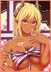  1girl blonde_hair border breasts checkered_wall chocolate chocolate_on_body chocolate_on_tongue cleavage commentary_request dark-skinned_female dark_skin demon_girl demon_horns fingernails food_on_body highres horns large_breasts long_bangs long_fingernails looking_at_viewer melting neko_040 nude orange_eyes original pointy_ears red_border red_eyes ribbon_bra seductive_smile smile solo tan tongue tongue_out two-tone_eyes underboob undressing unwrapping valentine 