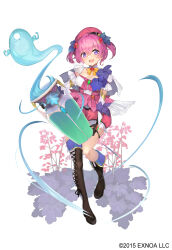  1girl ahoge asymmetrical_footwear beret boots capelet commentary_request dreamlight2000 flower flower_knight_girl frilled_shorts frills full_body gloves hair_between_eyes hair_flower hair_ornament hat heuchera_(flower_knight_girl) highres holding holding_jar jar knee_boots looking_at_viewer pink_hair puffy_shorts purple_hair short_twintails shorts single_knee_boot single_thigh_boot solo spirit standing tachi-e thigh_boots thigh_strap twintails white_background white_capelet 