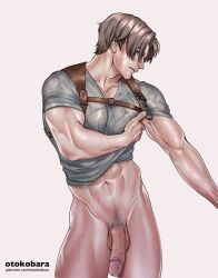  1boy abs artist_name bara bottomless brown_hair chest_harness grey_shirt harness highres large_pectorals leon_s._kennedy looking_at_viewer male_focus male_pubic_hair muscular muscular_male naked_shirt navel otokobara patreon_username pectorals penis pubic_hair resident_evil resident_evil_4 shirt short_hair simple_background solo sweat testicles thick_thighs thighs white_background  rating:Explicit score:9 user:danbooru